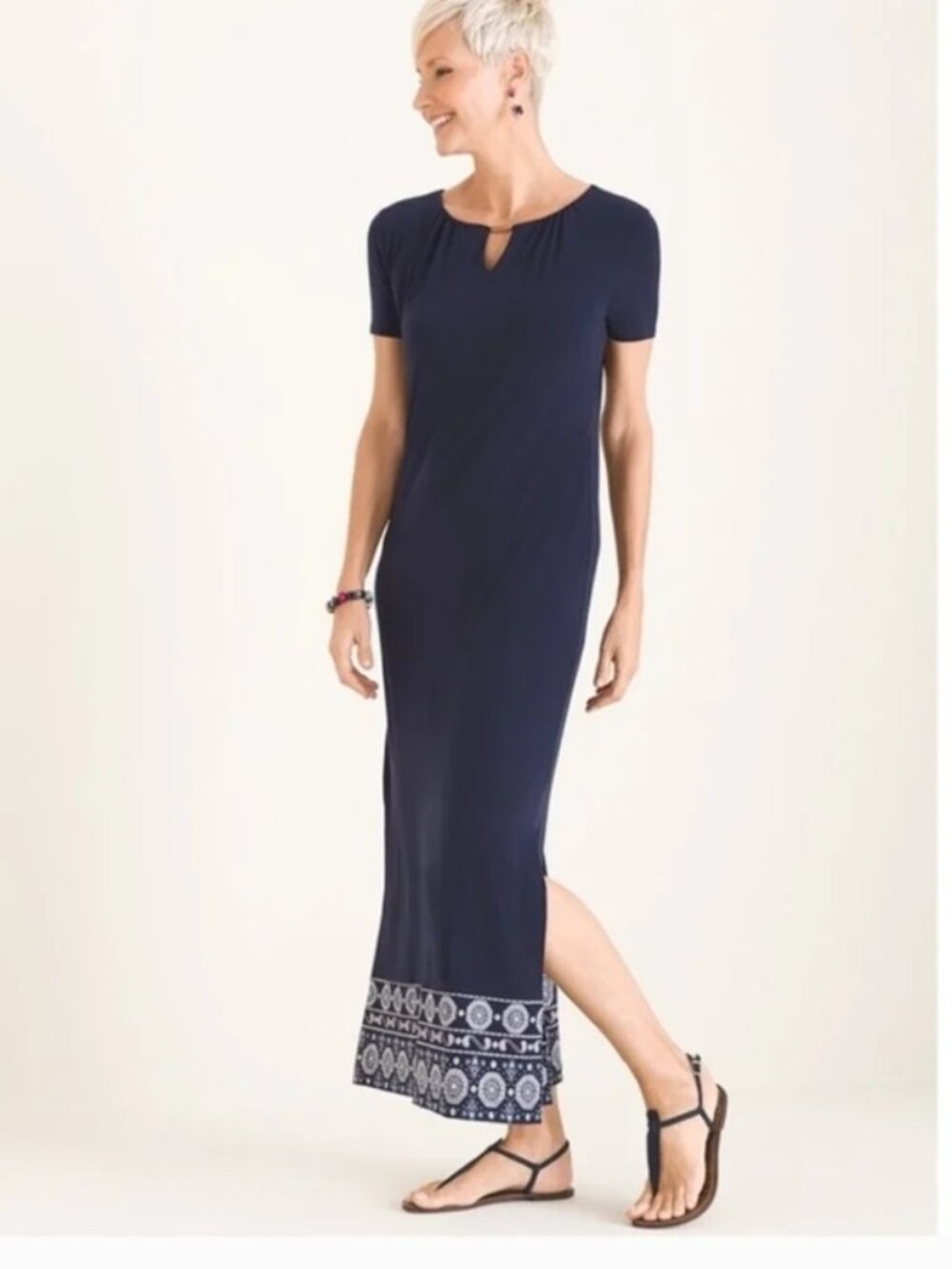Chico's Short Sleeve Navy Maxi Dress with Keyhole Front Chicos Size 0 is NWT